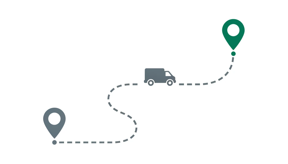 En varebil følger en stiplet rute mellom et grått og et grønt karttegn og viser hvordan AI optimaliserer leveringsruter