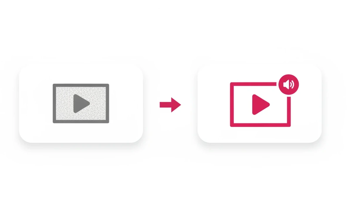 Et grynete grått videoikon ved siden av et skarpt rosa videoikon med lydsymbol viser fremgangen i AI-generert video