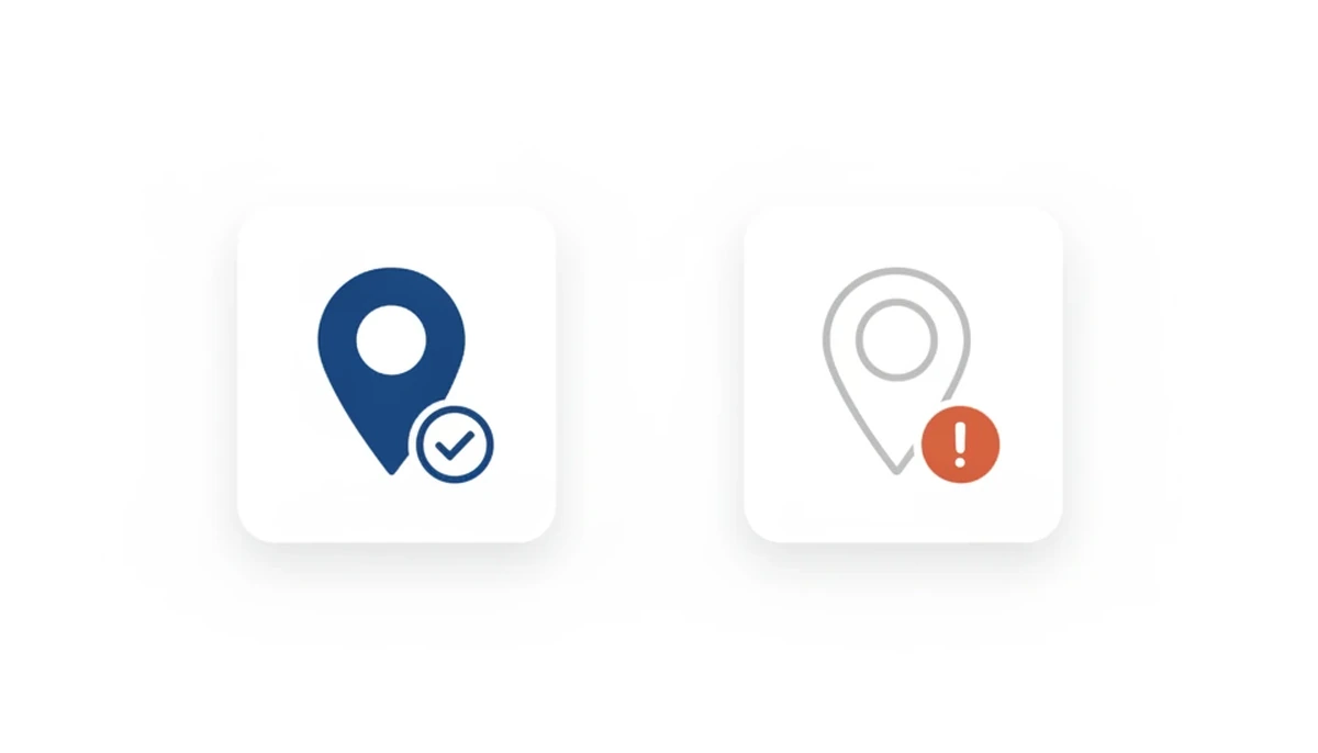 Et blått karttegn med godkjenningsmerke og et grått karttegn med varselmerke viser ekte og falske oppføringer i Google Maps.