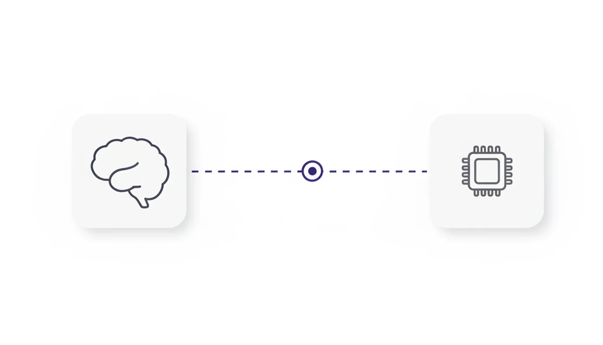 Et hjerneikon og et databrikkeikon knyttes med en stiplet linje, som illustrerer grensesnittet mellom hjerne og datamaskin.