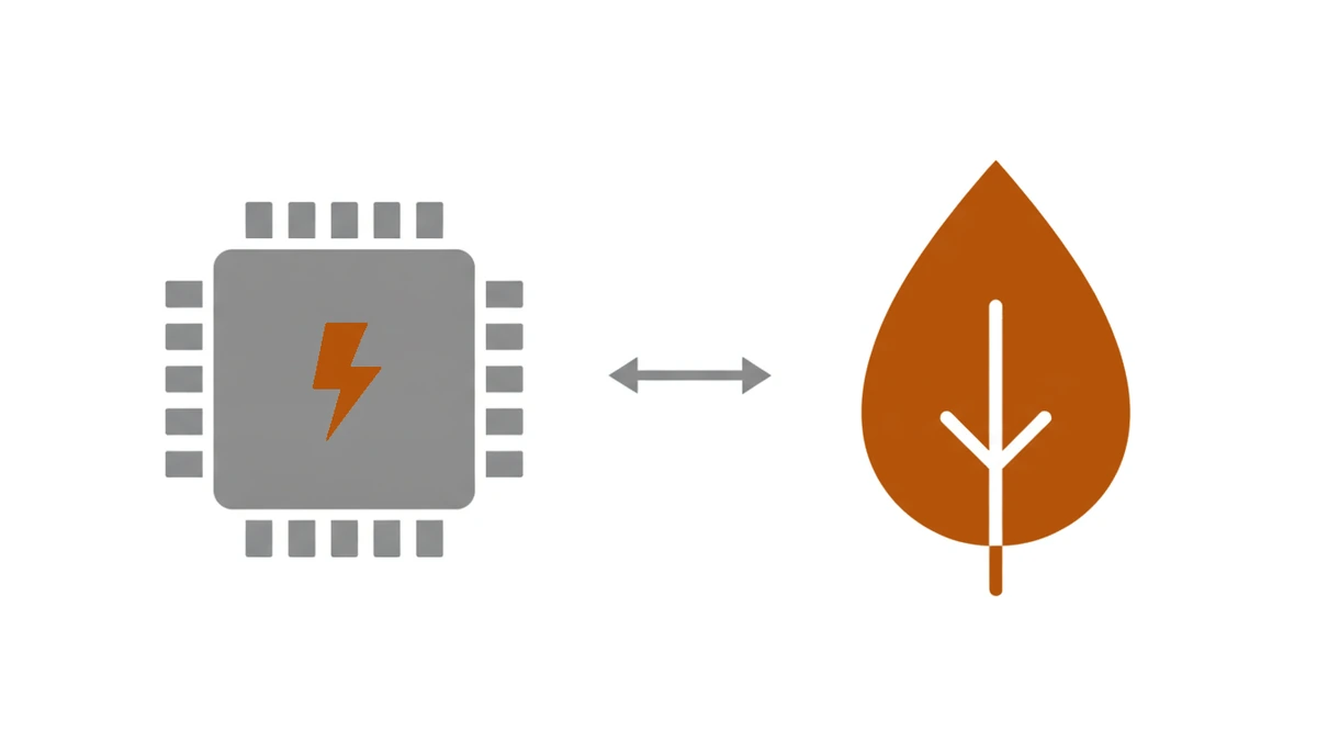 En databrikke med lyn og et blad med en pil mellom seg viser at AI både bruker energi og kan hjelpe miljøet